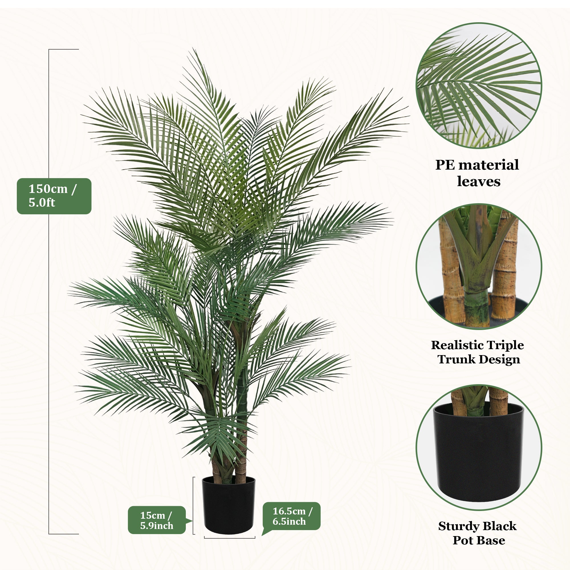 This artificial PE three-trunk palm tree features a triple-trunk design that makes it appear fuller from every angle, while its PE construction makes it more environmentally friendly.