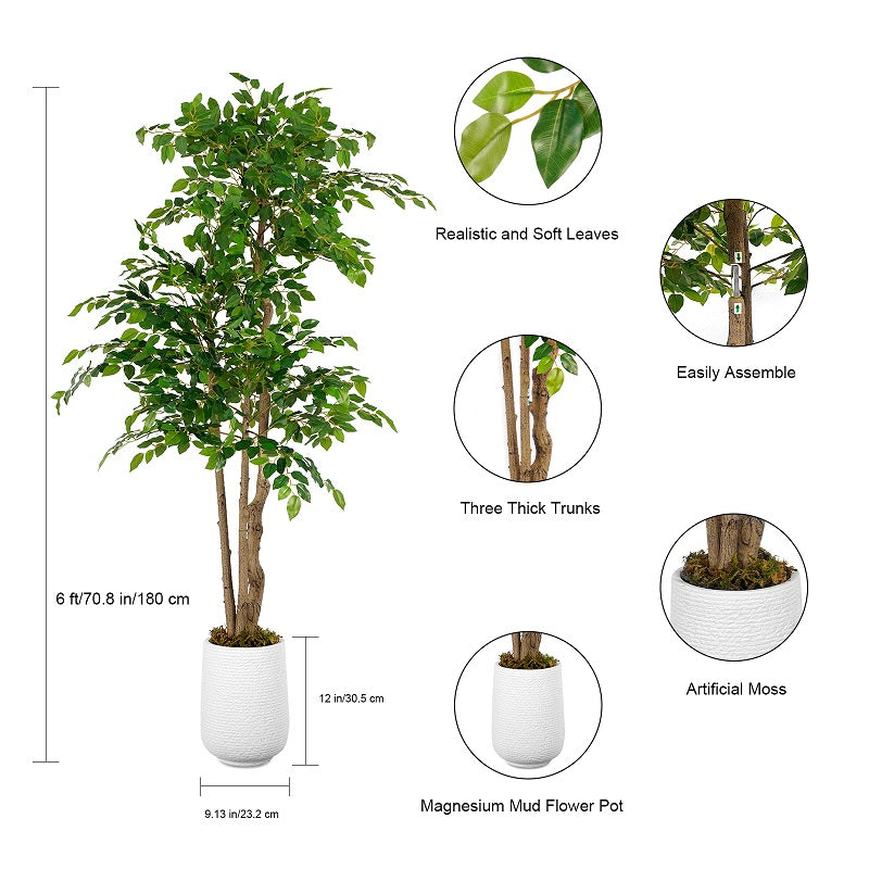 Tall Fake Plants | 6FT Artificial Ficus Tree(With White Plastic)