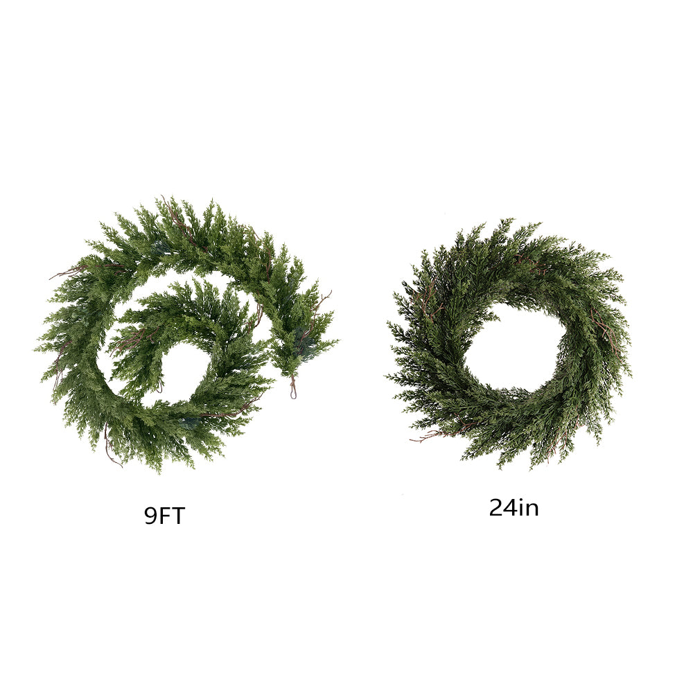 6FT/9FT/12FT Artificial Cypress Garland & 24in Artificial Wreath(Cypress Foliage)