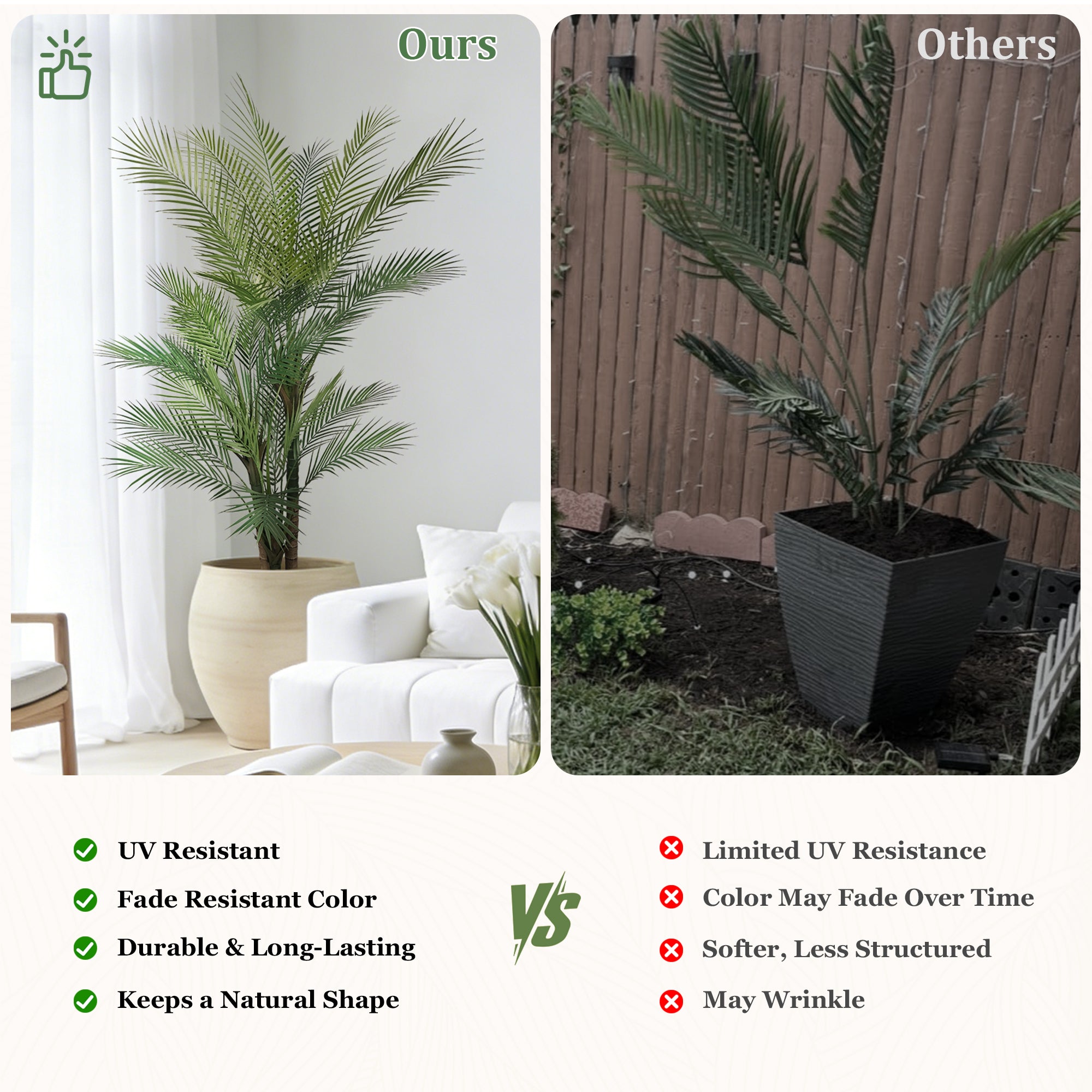 This artificial PE three-trunk palm tree features a triple-trunk design that makes it appear fuller from every angle, while its PE construction makes it more environmentally friendly.