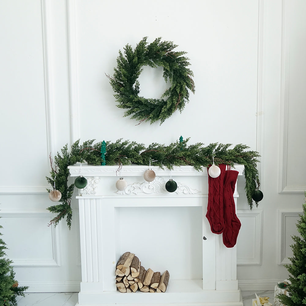 6FT/9FT/12FT Artificial Cypress Garland & 24in Artificial Wreath(Cypress Foliage)