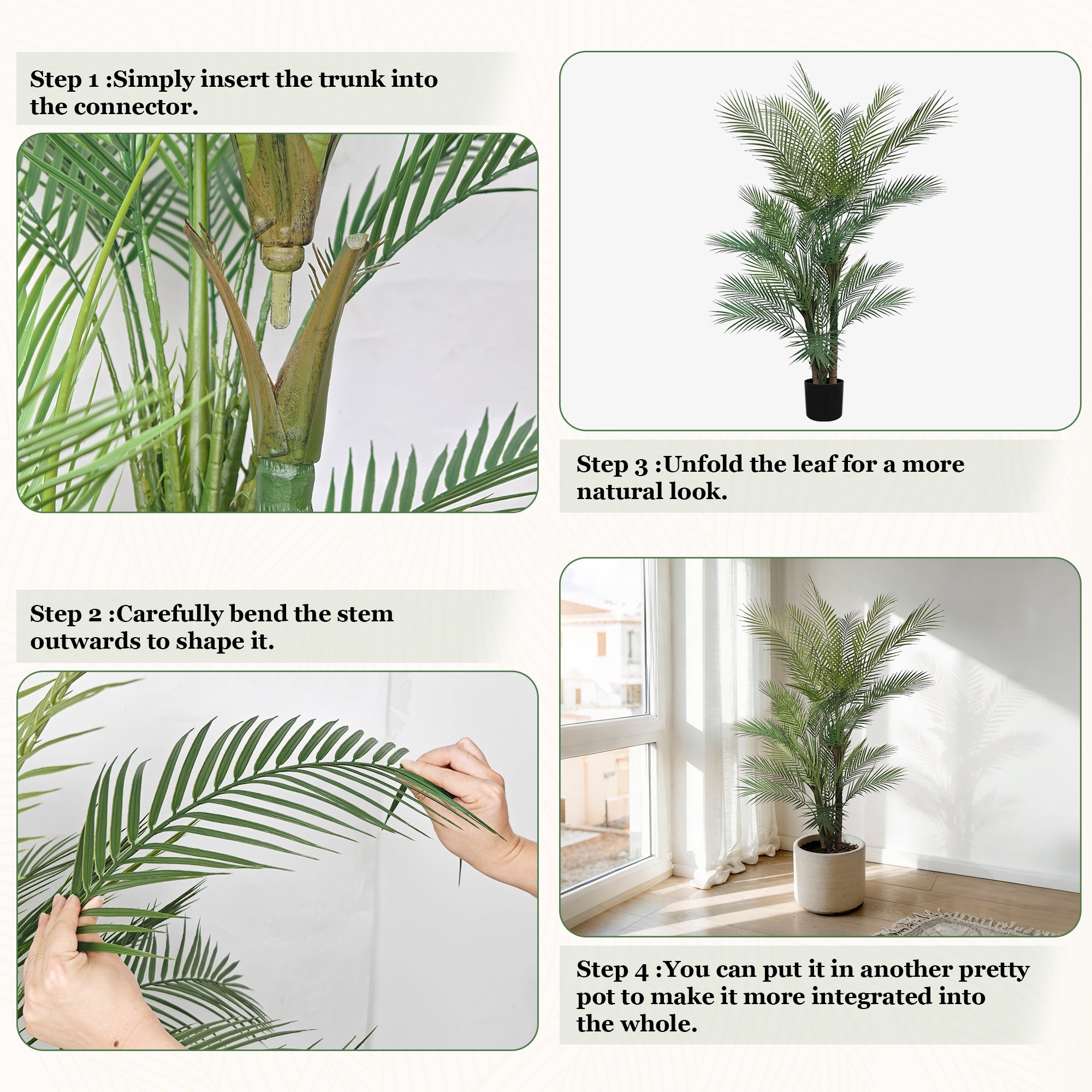 This artificial PE three-trunk palm tree features a triple-trunk design that makes it appear fuller from every angle, while its PE construction makes it more environmentally friendly.