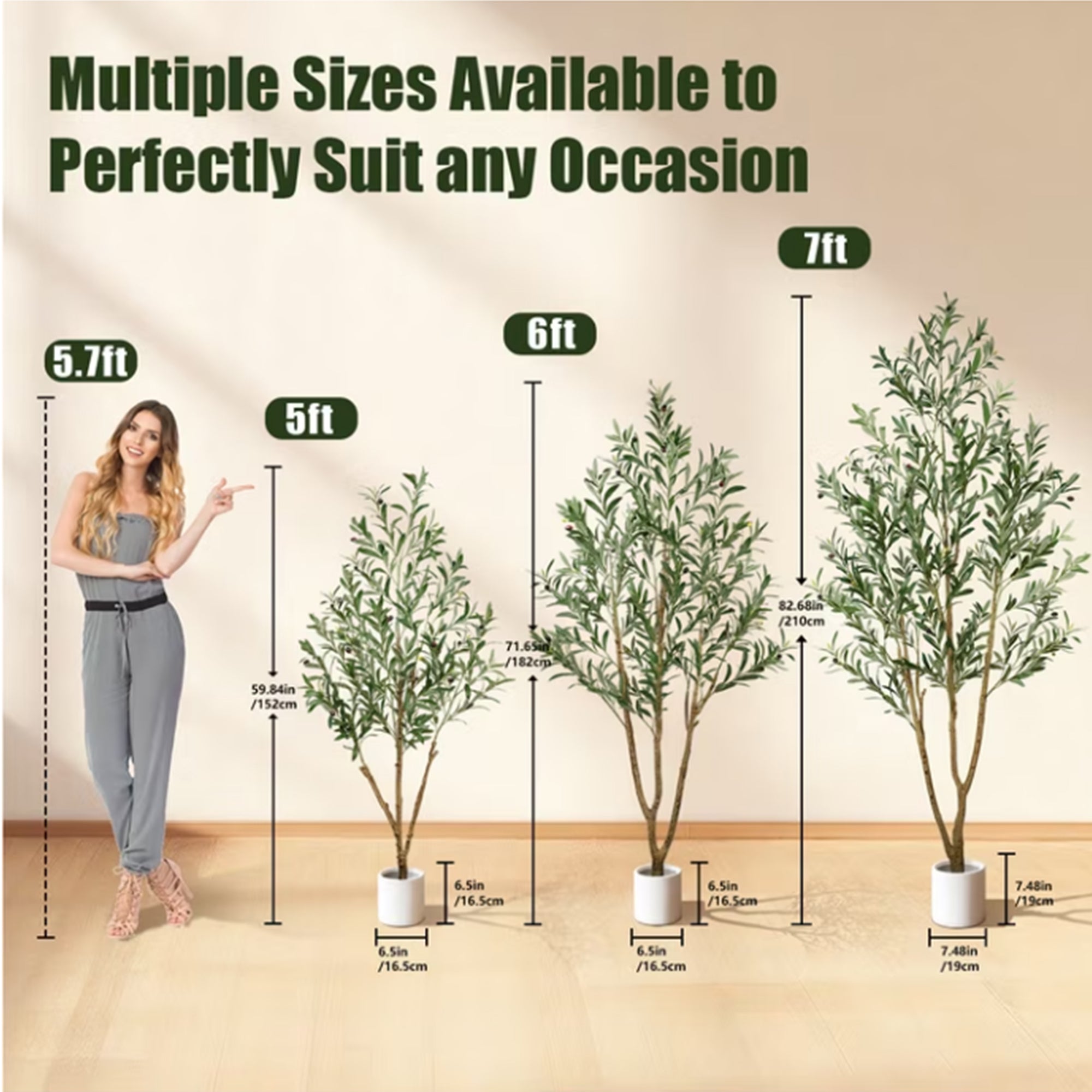 7'-6'-5' Artifcial Multi-branched olive tree with white pot