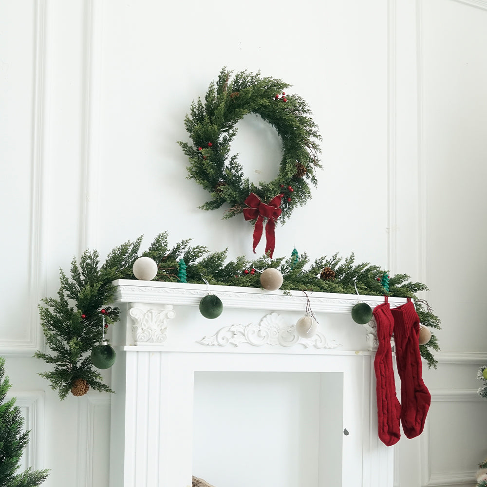 Christmas 6FT/9FT/12FT Artificial Cypress Garland & 24in Artificial Wreath