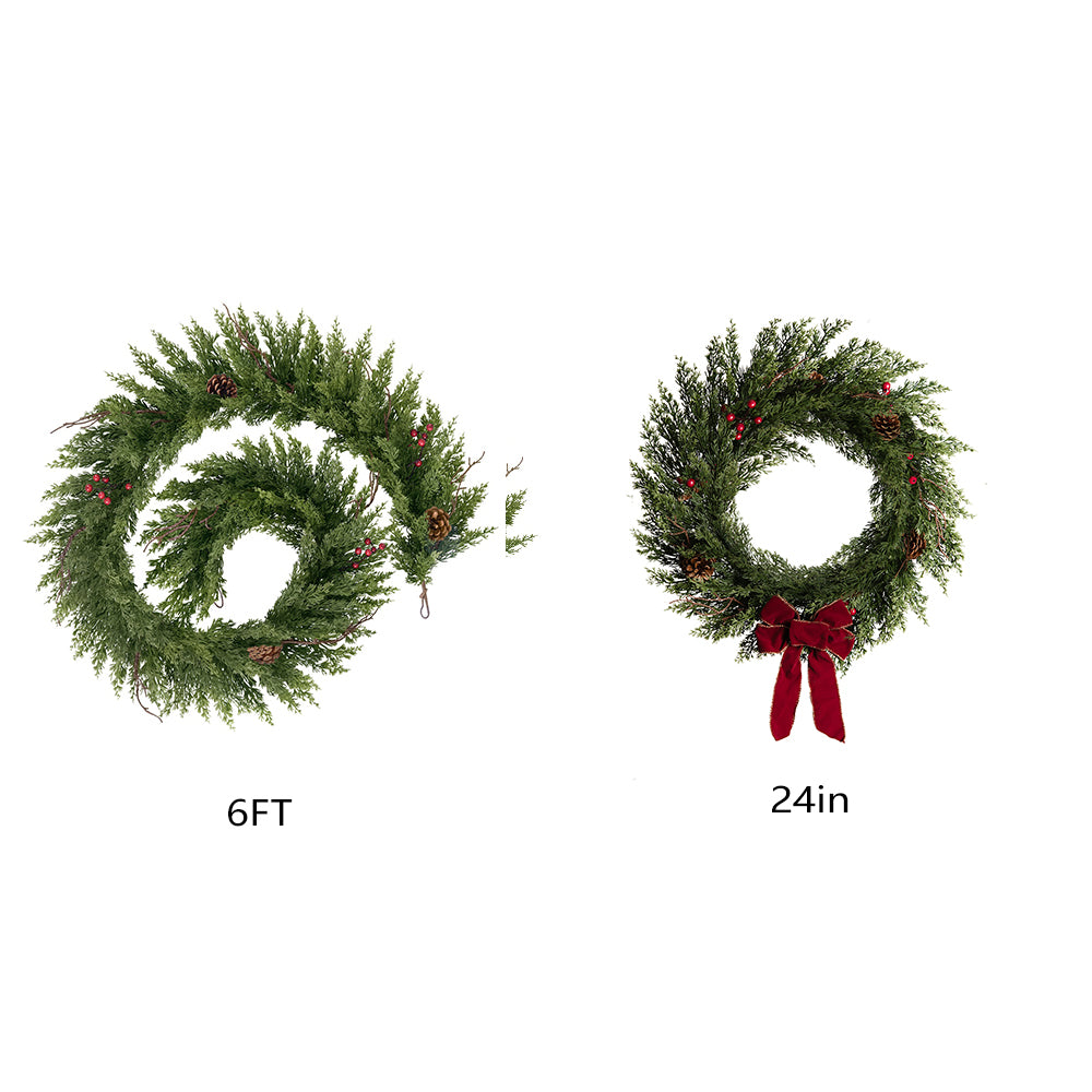 Christmas 6FT/9FT/12FT Artificial Cypress Garland & 24in Artificial Wreath