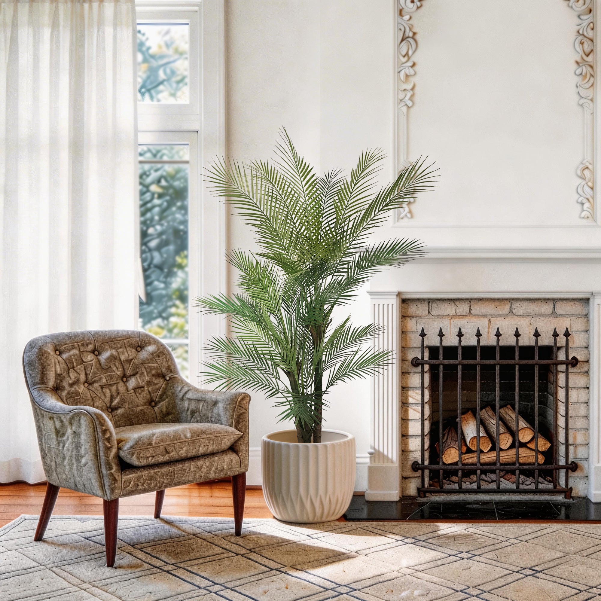 This artificial PE three-trunk palm tree features a triple-trunk design that makes it appear fuller from every angle, while its PE construction makes it more environmentally friendly.