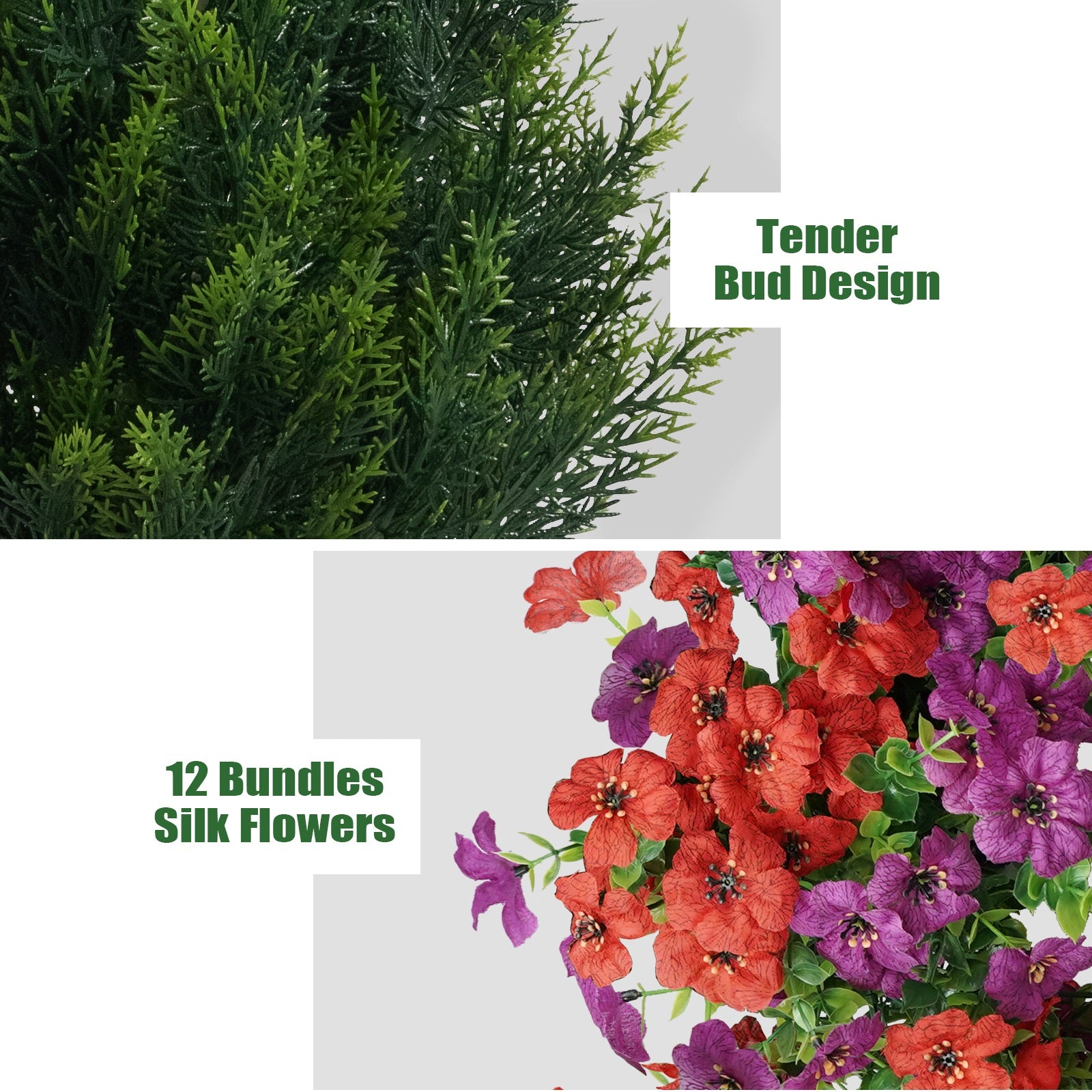 5'-4'-3' Artificial Topiary Cedar Trees  With 12 DIY Bundles Faux Silk Flowers